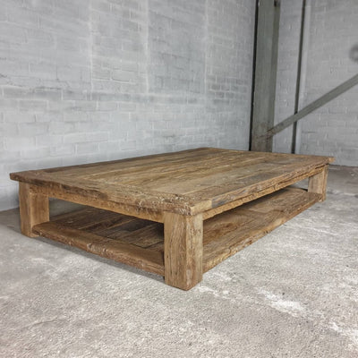 Robust farmhouse style coffee table Colmar – extra bottom shelf – sunburned reclaimed oak