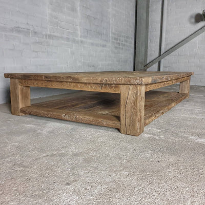 Robust farmhouse style coffee table Colmar – extra bottom shelf – sunburned reclaimed oak