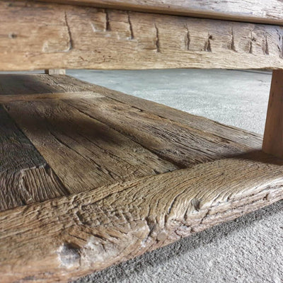 Robust farmhouse style coffee table Colmar – extra bottom shelf – sunburned reclaimed oak